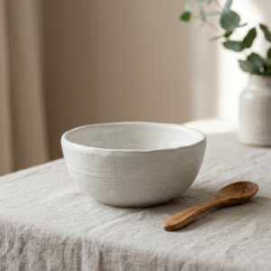 Bol Farine, en blancs cassés, collection Craie, posé sur une table en bois.