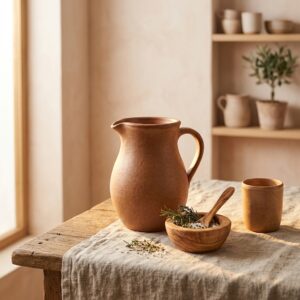 Pichet Latérite, en tons chauds, collection Argile, posé sur une table en bois.