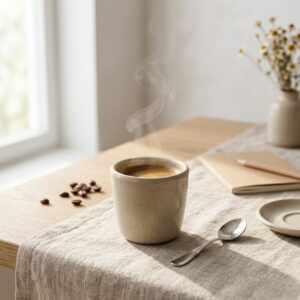 Tasse Coton, en beige clair, collection Craie, posé sur une table en bois.