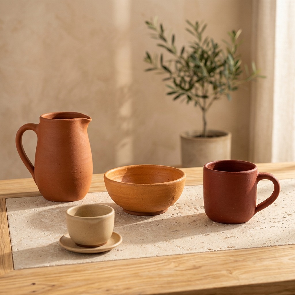 Assortiment de céramiques artisanales de la collection Argile — mug, bol, tasse et pichet aux émaux terracotta, ocre et rouge brique.